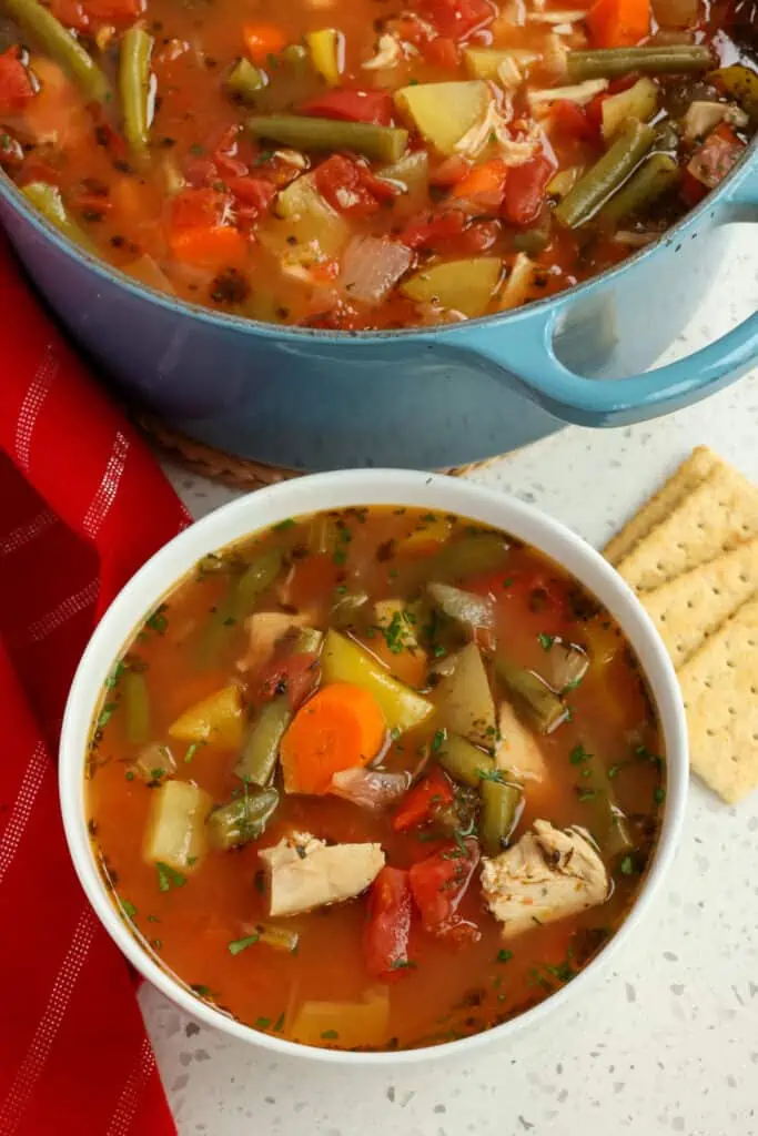 An easy and quick Chicken Vegetable Soup full of hearty vegetables in a perfectly seasoned broth made easy using already cooked chicken.