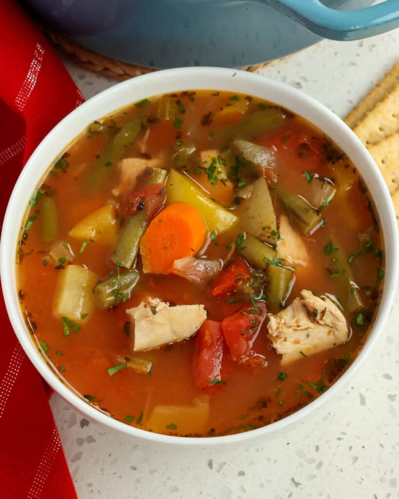 Chicken Vegetable Soup Recipe This delectable soup is ready in just over 30 minutes using one of those delicious already-cooked rotisserie chickens.