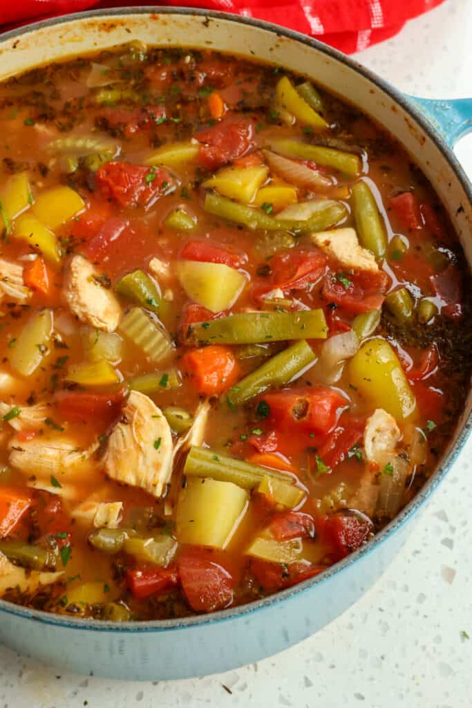 Chicken and Vegetable Soup Add the cut rotisserie chicken and warm for just a couple more minutes. Season with kosher salt and fresh ground black pepper to taste.
