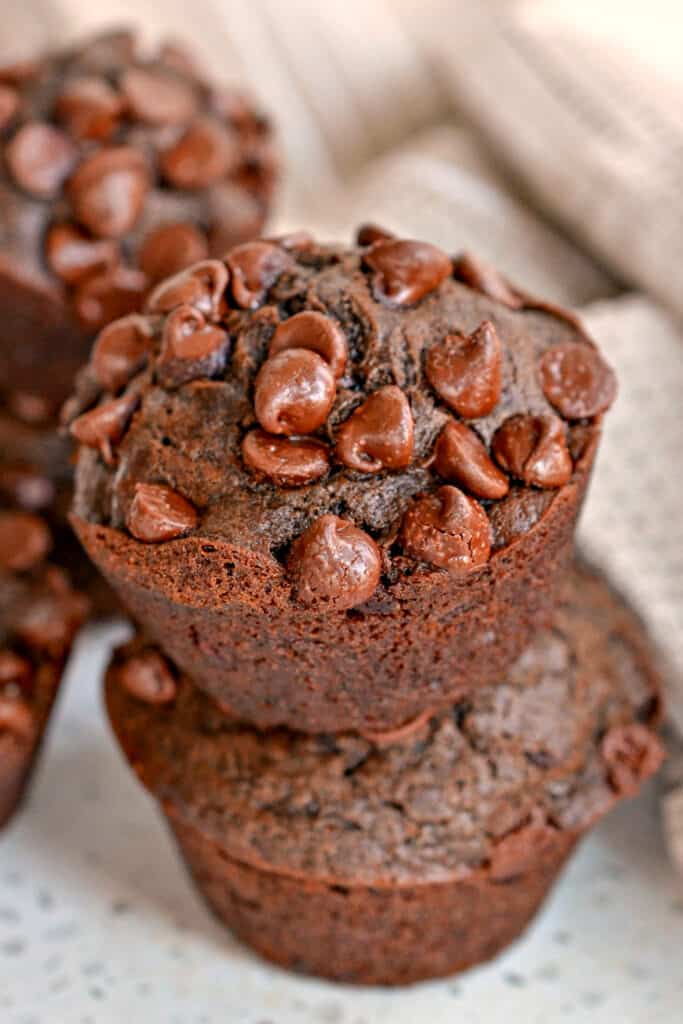 In these Double Chocolate Chip Muffins, a generous helping of semi-sweet chocolate chips is folded into a rich, moist muffin batter made with premium baking cocoa for the ultimate chocolate flavor. 