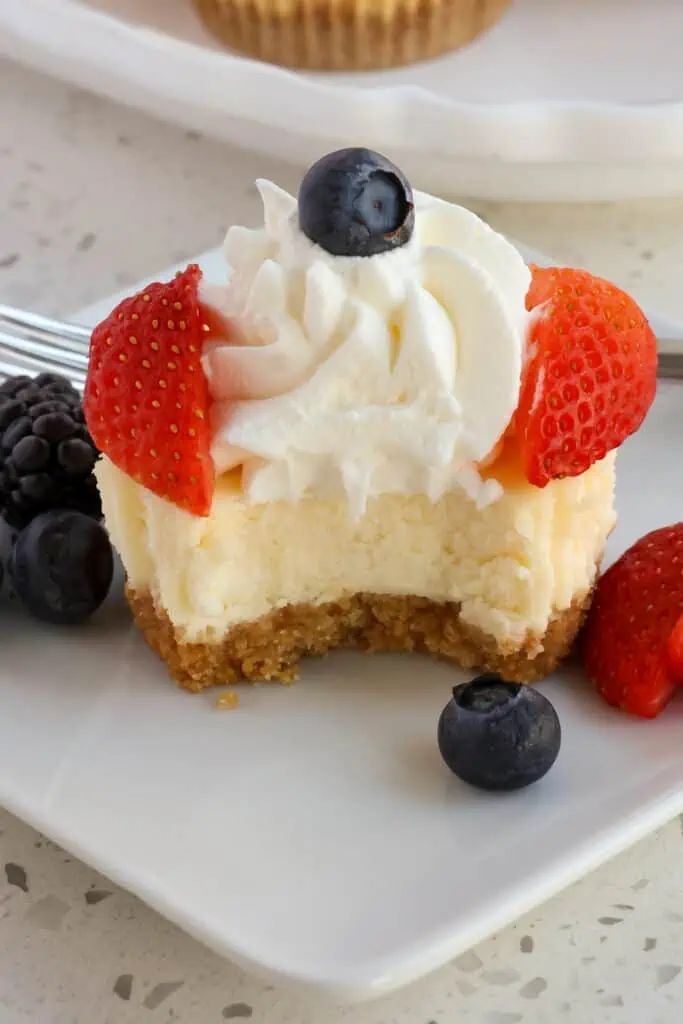 Creamy Mini Cheesecakes with a graham cracker crust made easy in a muffin tin and swirled with raspberry jam or topped with whipped cream and berries. 