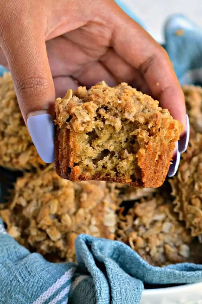 The five ingredient crumble topping for these Oatmeal Muffins take them over the top.