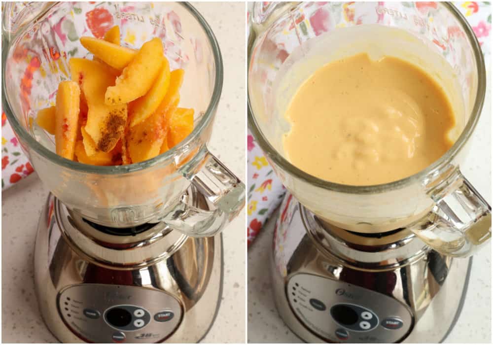 The ingredients for a peach smoothie in a blender. 