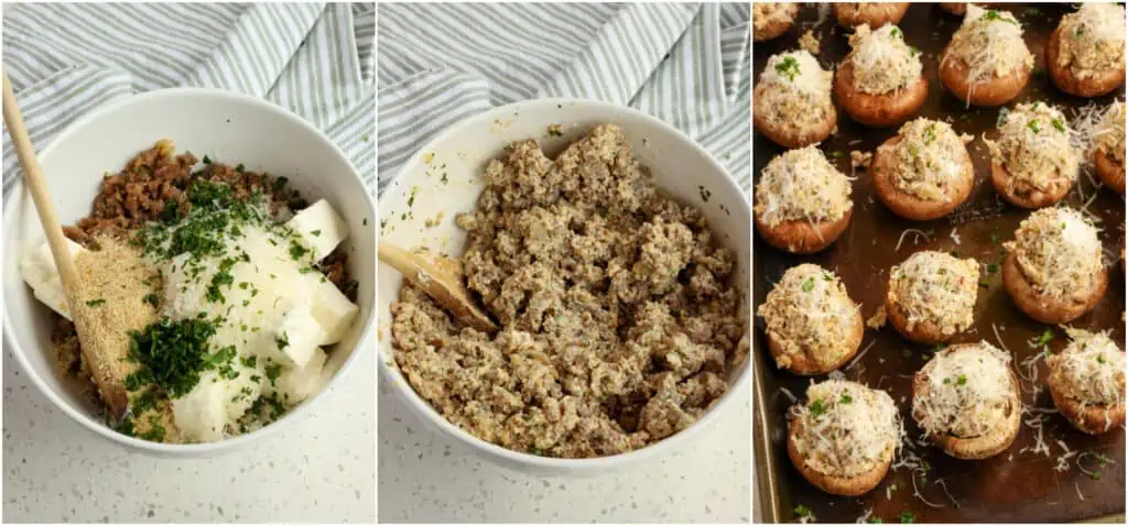 Add the sausage mixture to a large bowl with the cream cheese, Parmesan cheese, breadcrumbs, and most of the parsley. Stir to combine and spoon the sausage mixture into the mushroom caps. Finally, sprinkle with more parsley and place them on a baking sheet or dish. Bake for about 20 minutes.