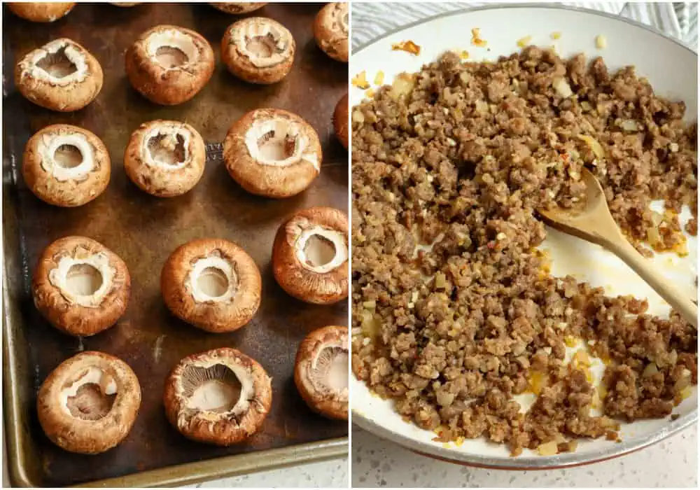 Start by washing your mushrooms lightly and promptly dry them thoroughly with paper towels. Meanwhile, melt the olive oil and butter using a large skillet over medium heat. Now add the sausage and brown it. When the sausage is about halfway browned, add the chopped onion and cook for several minutes. Drain and discard any excess grease.