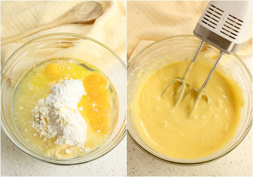 Some of the steps for making lemon blossoms. Combine cake mix, instant lemon pudding, eggs, and vegetable oil in a large bowl. Using a handheld electric mixer or stand mixer, beat on medium speed for 2 minutes.