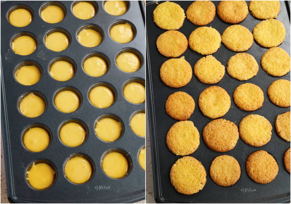 Some of the steps to making lemon blossoms. Fill the mini-muffin holes with a small amount of batter. Bake for 10-11 minutes or until a toothpick inserted in the center comes out clean. Let the muffins cool in the pan for 5 minutes.