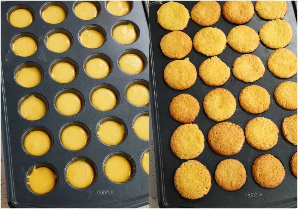 Some of the steps to making lemon blossoms. Fill the mini-muffin holes with a small amount of batter. Bake for 10-11 minutes or until a toothpick inserted in the center comes out clean. Let the muffins cool in the pan for 5 minutes. 