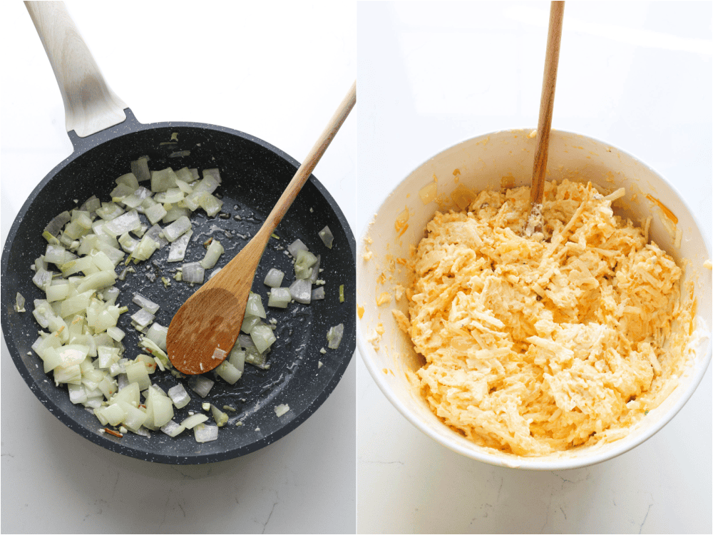 Some of the steps to making hashrbown casserole. n a medium skillet, heat olive oil and toss in the onion. Cook.

Reduce the heat to low, and cook the garlic. Remove from the heat and cool.

In a large mixing bowl, stir together cooked onions and garlic, thawed shredded potatoes, cheddar cheese soup, sour cream, melted butter, salt, black pepper, and 1½ cups of cheddar cheese.