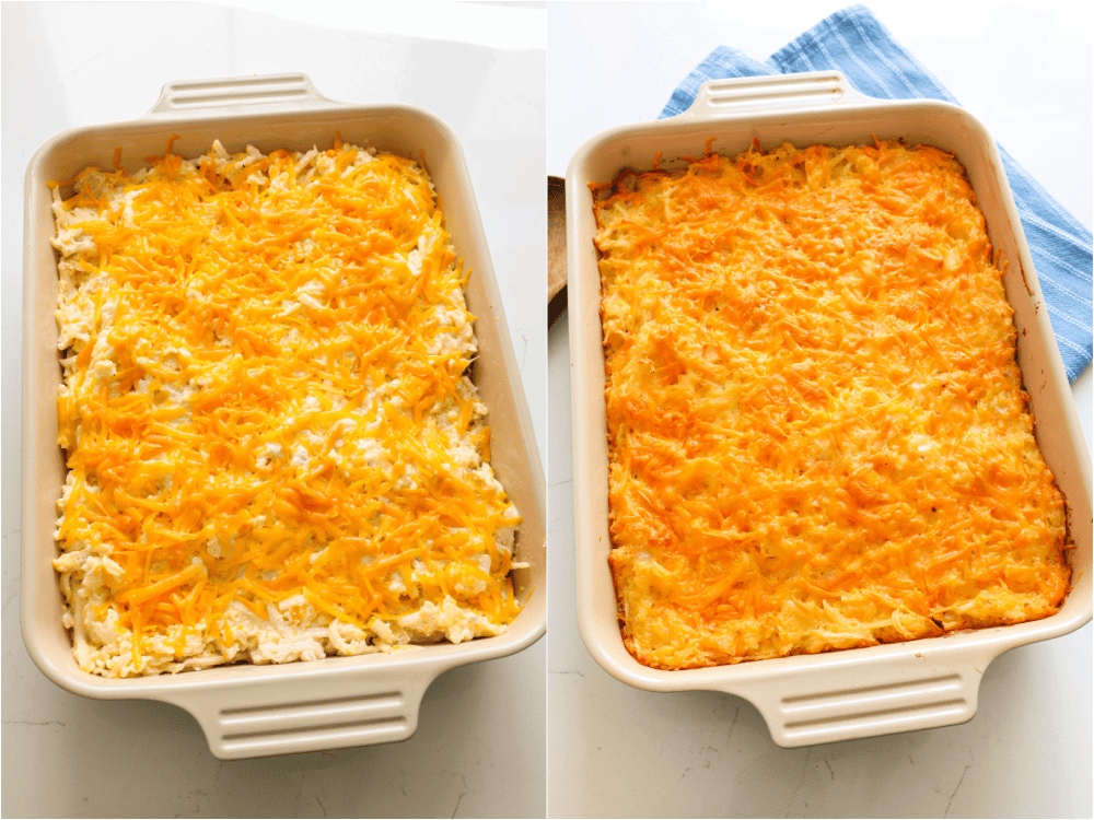 Some of the steps to making hashbrown casserole. In a greased baking dish, spread the mixture and sprinkle with the remaining cheese. Bake for about 50 minutes or until the cheese is melted.