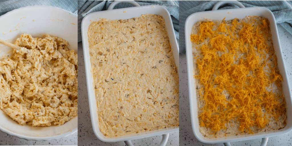 In a medium skillet, heat olive oil and toss in the onion. Cook. Reduce the heat to low, and cook the garlic. Remove from the heat and cool. In a large mixing bowl, stir together cooked onions and garlic, thawed shredded potatoes, cheddar cheese soup, sour cream, melted butter, salt, black pepper, and 1½ cups of cheddar cheese. In a greased baking dish, spread the mixture and sprinkle with the remaining cheese. Bake for about 50 minutes or until the cheese is melted.