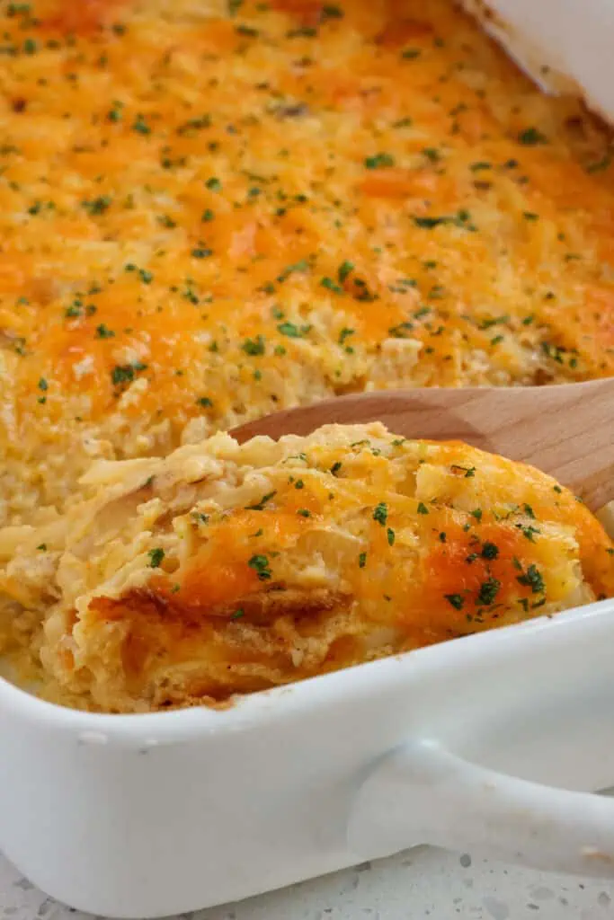 This cheesy casserole is a tasty side dish for chicken, beef, pork, or fish and one that my family enjoys over and over again because we love it so much. 