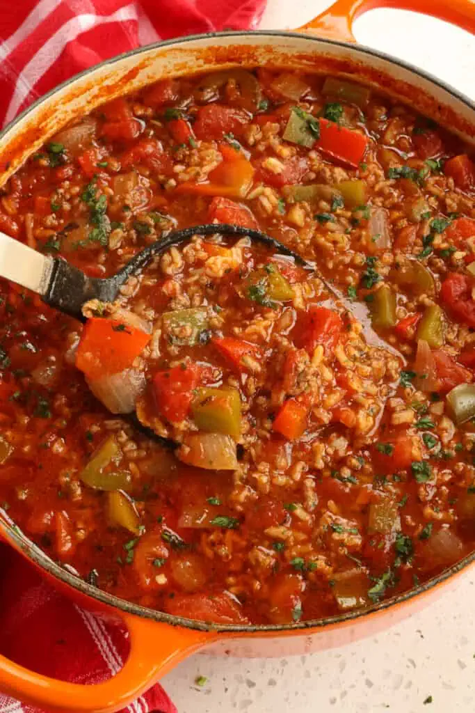 This Stuffed Pepper Soup has the same awesome flavors as stuffed peppers with a lot less work.  Just think of it as deconstructed stuffed peppers in soup form. 