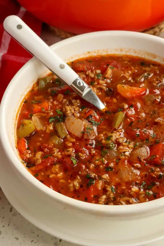 Stuffed Pepper Soup is so quick to come together, and it is one of those recipes that you can cut and prep as you go.
