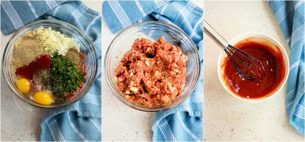Some of the steps to making bacon wrapped meatloaf.  In a large bowl, combine ground beef, onions, garlic, eggs, parsley, thyme, marjoram, salt, black pepper, breadcrumbs, milk, and barbecue sauce. Mix it gently with your clean hands. Once mixed, transfer the meat mixture to a 9x13-inch baking dish or a baking sheet covered with parchment paper or aluminum foil and shape it into a meatloaf. In a small bowl, whisk together the ketchup, apple cider vinegar, and brown sugar. 