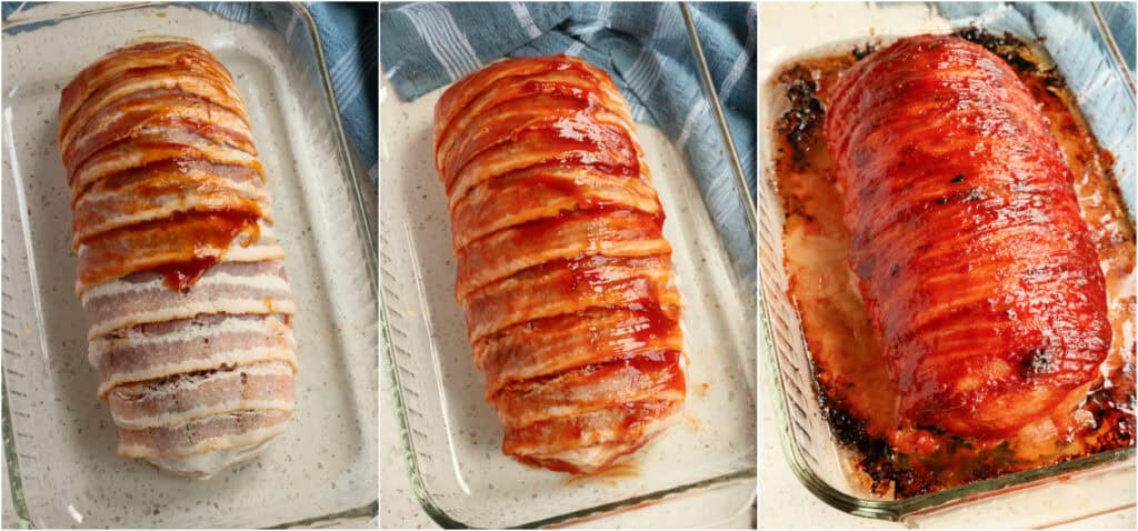 Some of the steps for making bacon wrapped meatloaf. Brush the top of the meatloaf with a little bit of sauce. Now wrap the meatloaf in bacon, overlapping the pieces of bacon a little bit, and tucking the bacon up under the meatloaf. Brush the top of the bacon with a little bit more sauce. Bake at 400 degrees for about 15 minutes. Baste the meatloaf again with sauce. Then reduce the heat to 350 degrees and cook for about 45 minutes or until the internal temperature reaches 165 degrees. 
