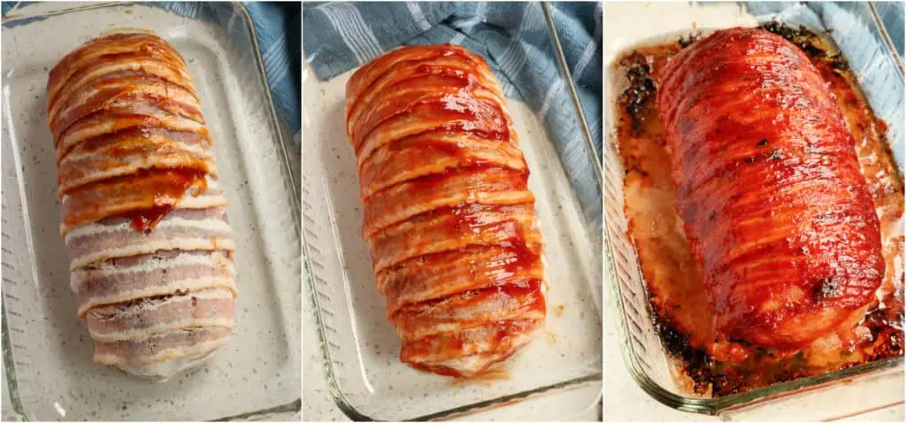 Some of the steps for making bacon wrapped meatloaf. Brush the top of the meatloaf with a little bit of sauce. Now wrap the meatloaf in bacon, overlapping the pieces of bacon a little bit, and tucking the bacon up under the meatloaf. Brush the top of the bacon with a little bit more sauce. Bake at 400 degrees for about 15 minutes. Baste the meatloaf again with sauce. Then reduce the heat to 350 degrees and cook for about 45 minutes or until the internal temperature reaches 165 degrees. 