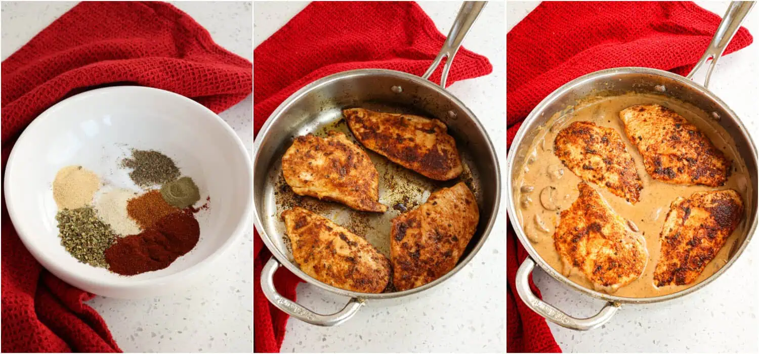 Some of the steps to making Cajun chicken. combine the paprika, oregano, garlic powder, onion powder, salt, black pepper, cayenne pepper, and dried thyme in a small bowl. Cook the chicken until golden brown on both sides and cooked through. Add the mushrooms, garlic, and chicken back to the skillet and simmer for a couple of minutes to warm. 