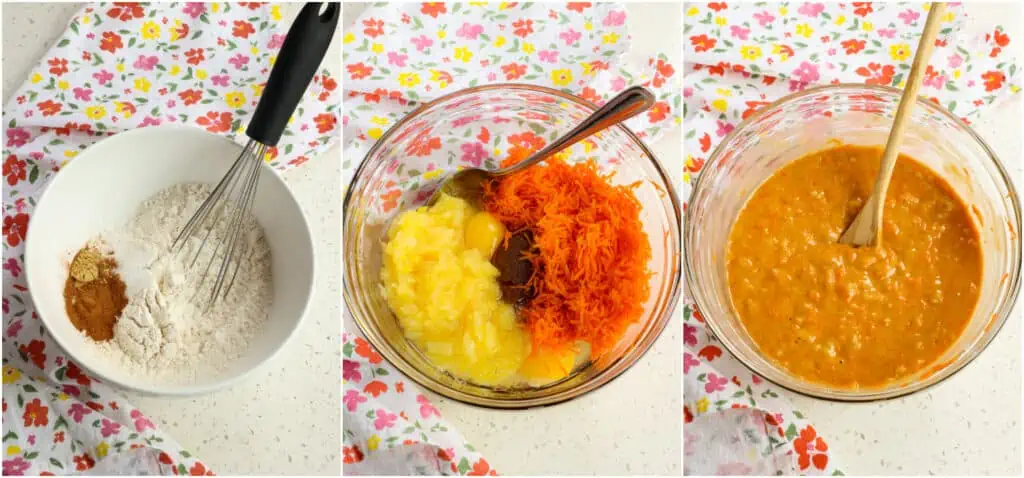 Some the steps to making carrot cupcakes. Whisk the flour, baking soda, baking powder, salt, ground cinnamon, ground nutmeg, and ground ginger in a medium bowl. Set that aside for a few minutes. Beat the eggs, sugar, and brown sugar in a large bowl. Stir in the oil, vanilla, pineapple, and carrots. 
Add the dry ingredients to the wet ingredients and stir just until combined and evenly moistened.