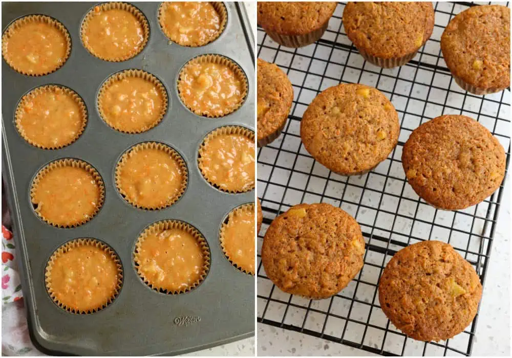 Some of the steps to making carrot cake cupcakes. Fill the cupcake liners almost all the way up with batter. Bake until a toothpick inserted in the top comes out clean or with a few moist crumbs. Cool the cupcakes completely on a wire rack before frosting them.
