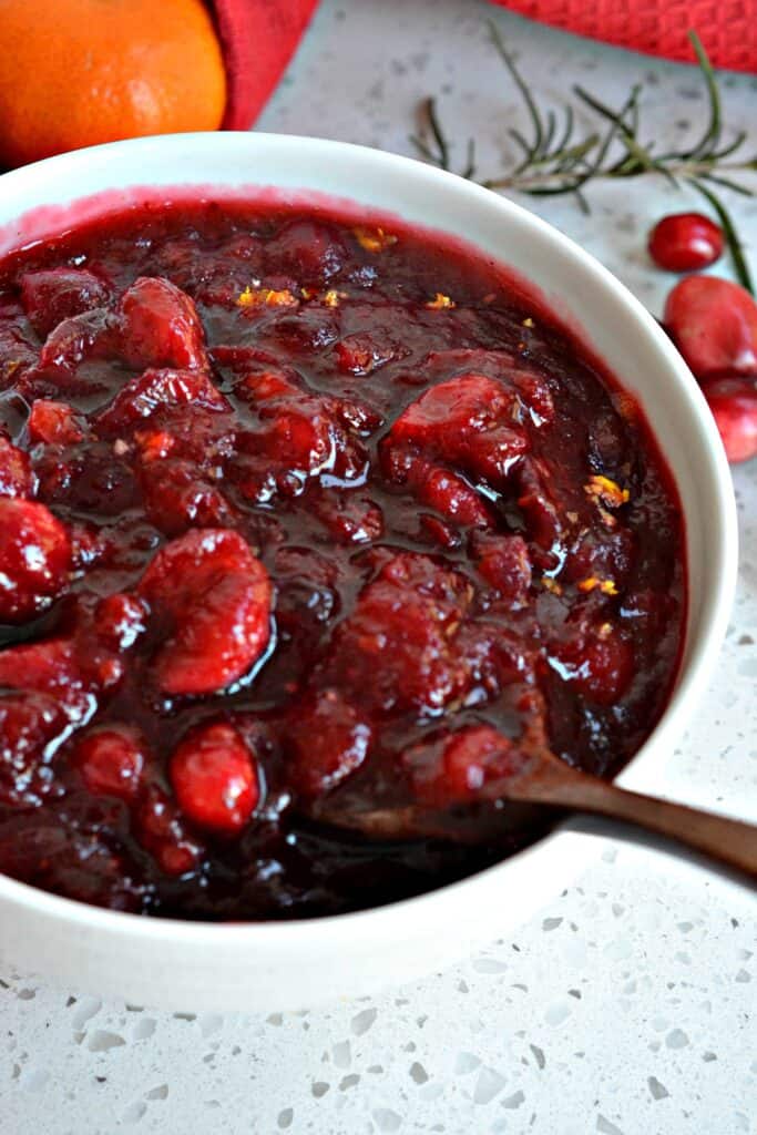 I love to serve this cranberry sauce it for my Thanksgiving feast or spoon it over yogurt, cheesecake, sweet potatoes, toast, pancakes, and waffles. 