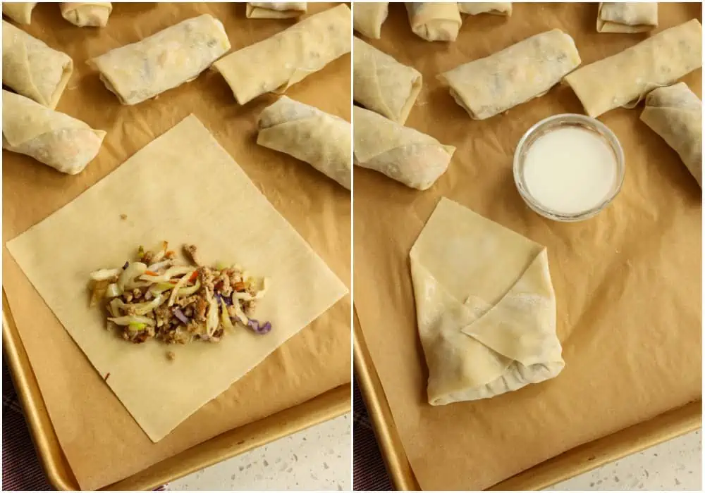 Place the egg roll with one corner pointed to you like a diamond shape. Add about 1/4 of a cup of the cabbage mixture onto the egg roll as pictured above. Bring up the bottom point and fold it over the mixture. Fold in the sides, making it almost look like an open envelope.