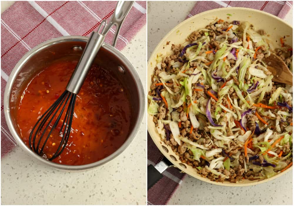 Some of the steps to making egg rolls. In a small saucepan, whisk together the rice vinegar, water, brown sugar, and sambal oelek (ground fresh chili paste). Bring the mixture to a low boil and turn it to a simmer.  Stir together the water and cornstarch.  Whisk it into the chili sauce mixture and cook until slightly thickened.  Turn the heat off, cover it, and let it sit while you make the egg rolls. Brown the ground pork in a large skillet over medium-high heat. Drain any excess fat and reduce the heat to medium-low. Stir in the garlic, ginger, soy sauce, rice wine, and sesame oil, cooking for about 1 minute. Then add the slaw mix and continue cooking over medium heat until the cabbage is wilted. Add the green onions and stir to combine. Season with salt and pepper to taste. 