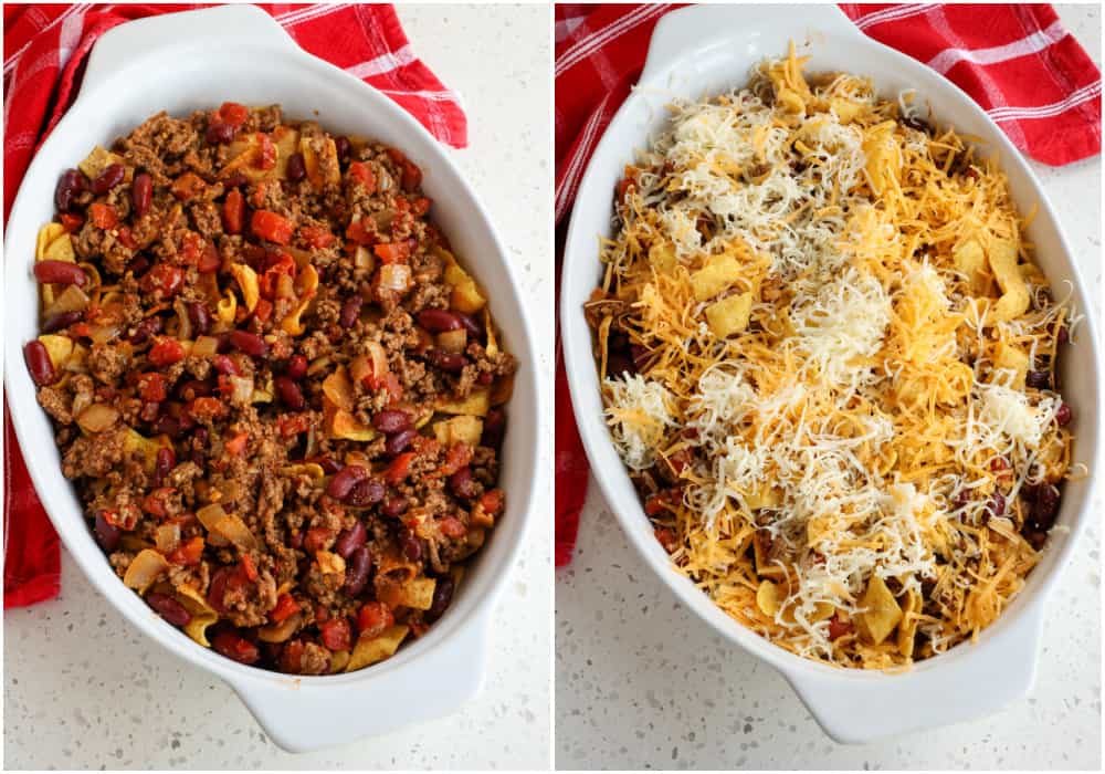 Add 2 more cups of Fritos, followed by the remaining meat and bean mixture. Top with remaining Fritos and cheese.