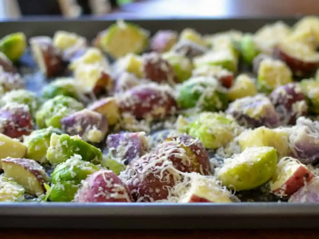 How to make crispy Parmesan Roasted Potatoes and Brussels Sprouts