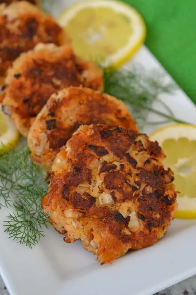 Serve these salmon patties with fresh lemon wedges or my easy dill mayo.