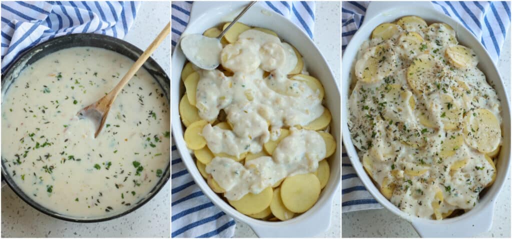 Some of the steps to making scalloped potatoes. Make the sauce, layer the potatoes and sauce, sprinkle with fresh herbs and seasonings. 