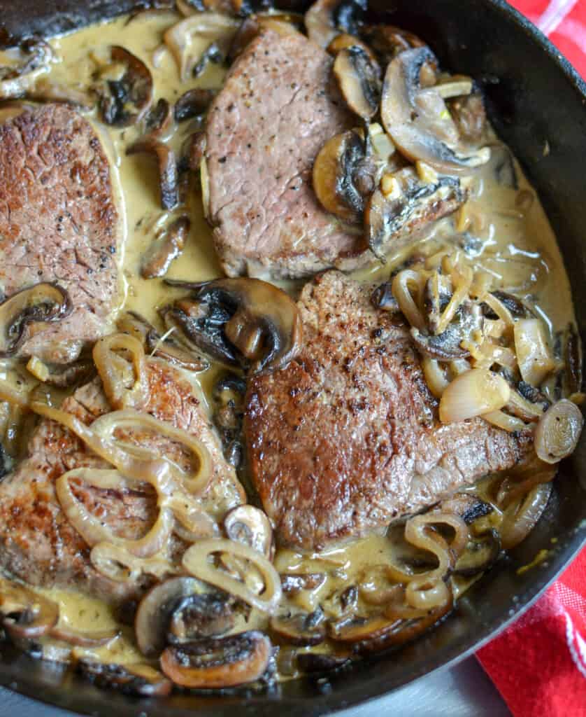 Beef tenderloin, mushrooms and shallots in a sauce made with seasoned pan juices, brandy, cream and a touch of mustard. 