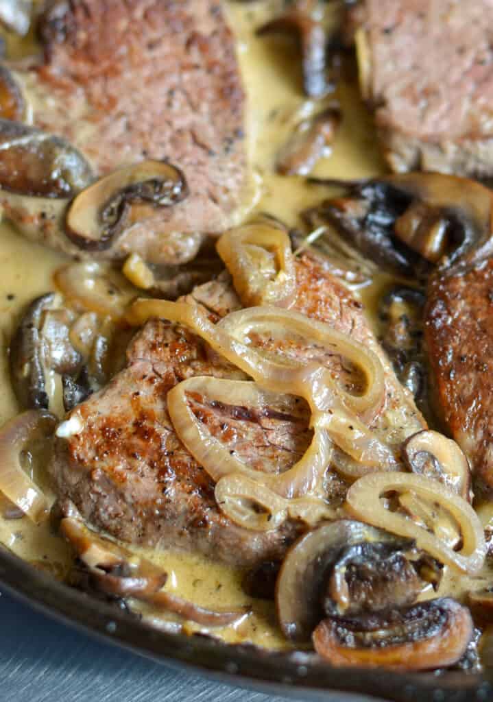 Delectably tender steaks cooked in a mouthwatering creamy brandy sauce with mushrooms and shallots.
