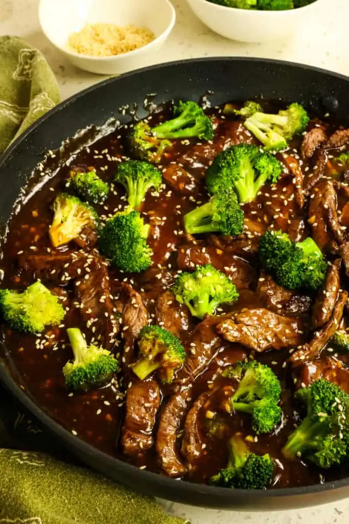 Crisp stir-fried broccoli florets are paired with tender cuts of beef in a tasty salty-sweet Asian sauce.