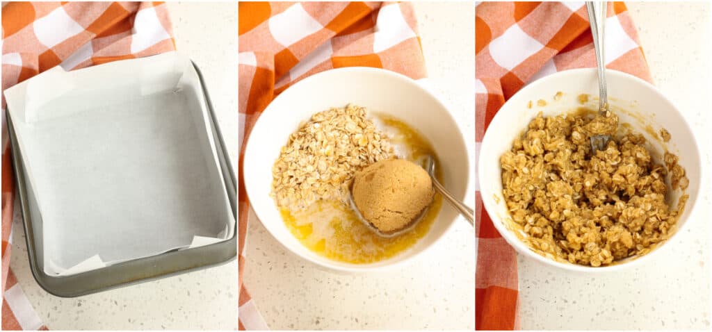 Some of the steps to making carmelita bars. Cover your pan with parchment paper or aluminum foil. Then in a medium bowl, mix together the flour, rolled oats, brown sugar, baking soda, salt, melted butter, and vanilla extract with a fork. 