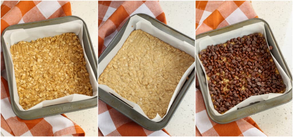 Some of the steps to making carmelita bars. Using a spoon and a fork, pat a little more than half of the mixture into your prepared pan and bake it for 10 minutes. Remove the baked oat mixture from the oven and sprinkle it with chocolate chips.