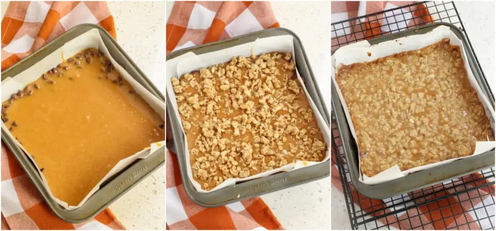Some of the steps to making carmelita bars. Pour the caramel sauce over the chocolate chips. Sprinkle with the remaining oat mixture and bake for 15-20 minutes or until golden brown. Cool completely before cutting. 