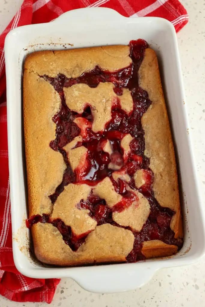 Bake for 50-60 minutes or until golden brown. No worries, the dough will rise and blanket all those tart cherries just right.