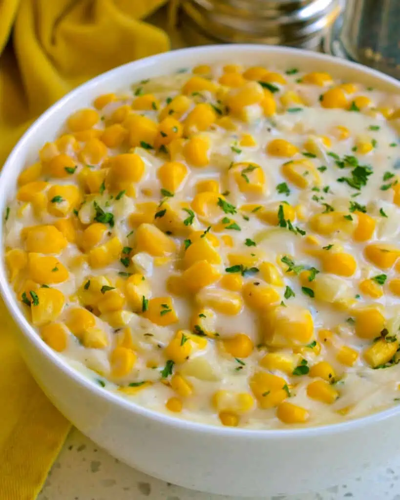 Creamed Corn is fresh sun ripened corn in a smooth homemade cream sauce.
