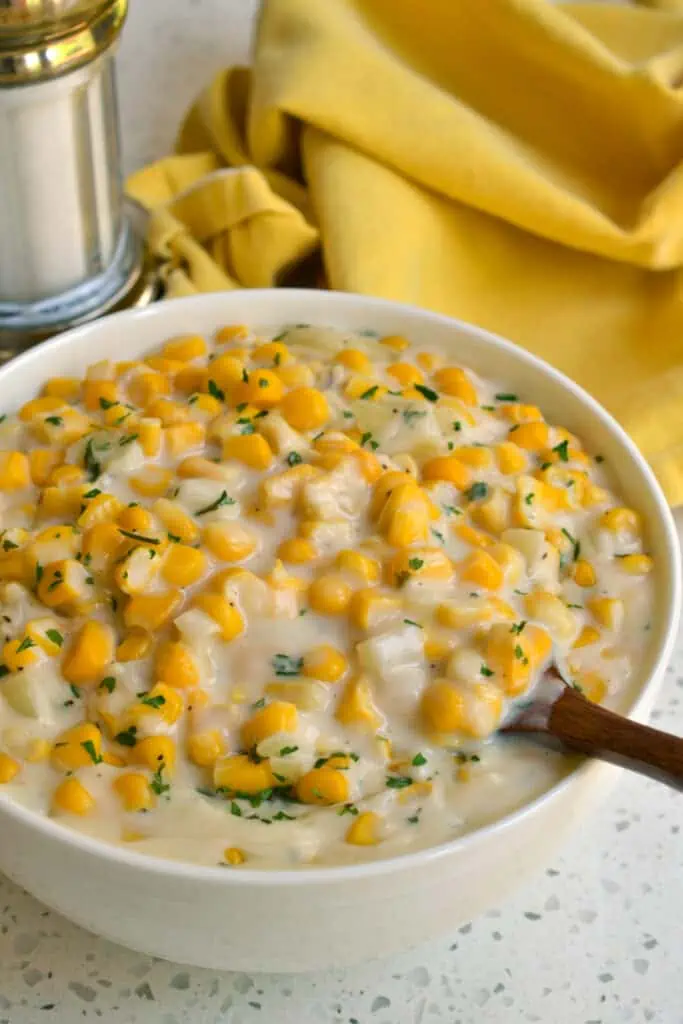 Creamed Corn is comfort food at its best. Serve along with beef tips, chicken, or burges. 