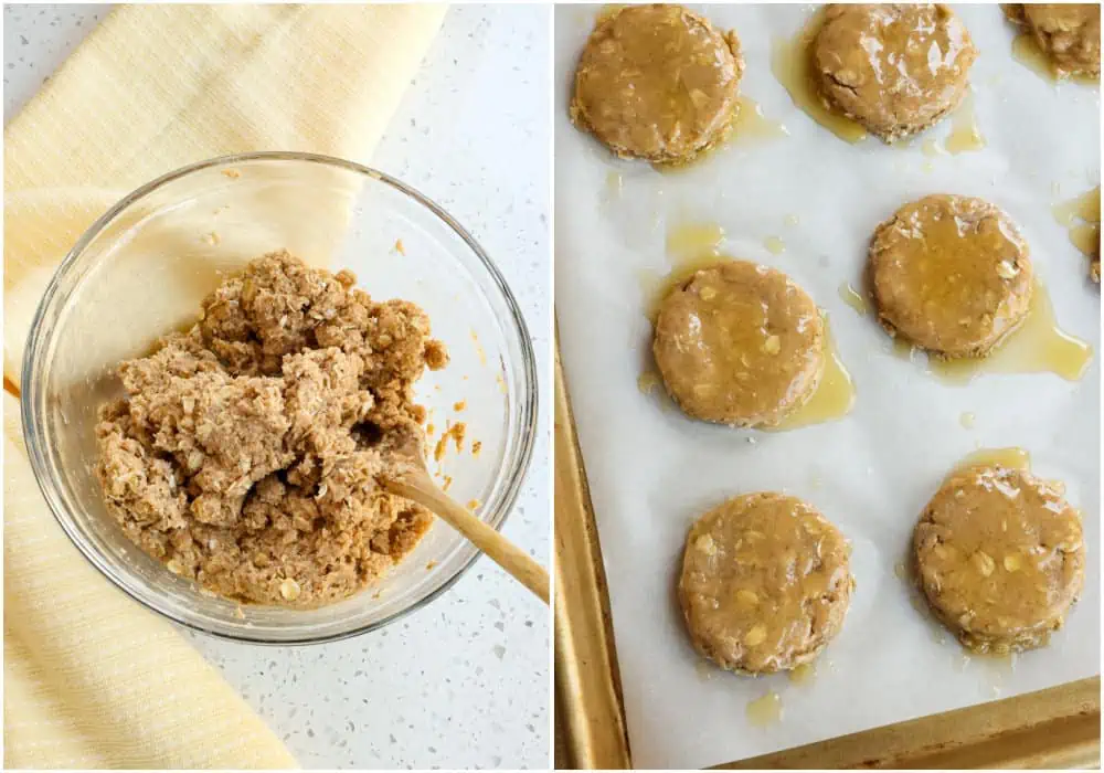 Stir in the oats, milk, and honey just until it is moistened.  Move to a well-floured work space and pat out to about 1/2-3/4 inch thick.  Cut with a floured biscuit cutter and place on a parchment-covered baking sheet.