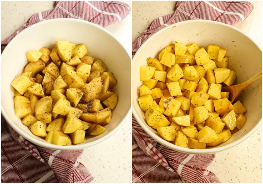 Some of the steps to making pan fried potatoes. Combine the potatoes, olive oil, garlic powder, onion powder, salt, and fresh ground black pepper in a large bowl. Stir and toss to coat.