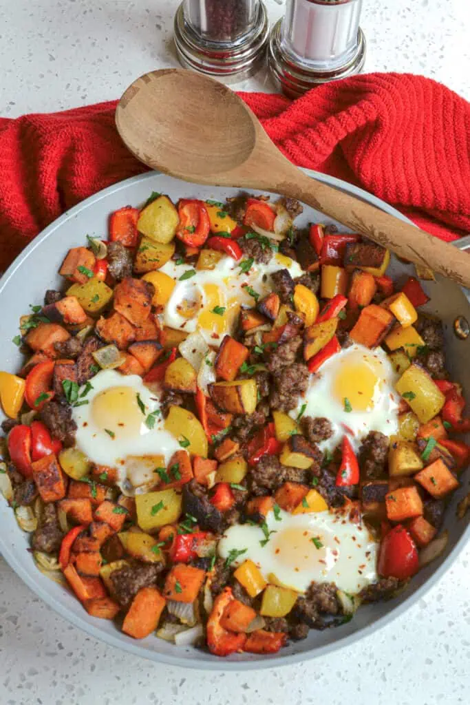 Perfect for any time of the day, this tasty Sweet Potato Hash is loaded with wholesome and hearty ingredients like ground pork sausage and fresh garden veggies. 