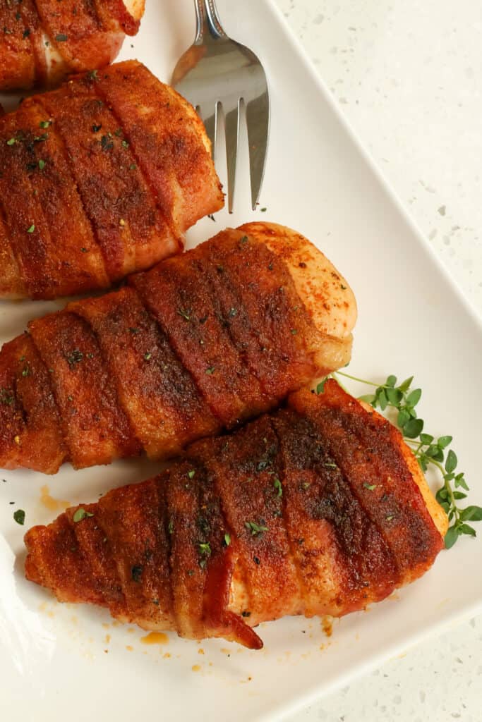 The chicken stays tender and juicy, the bacon cooks up crisp, and the flavor of the rub compliments the whole dish. 