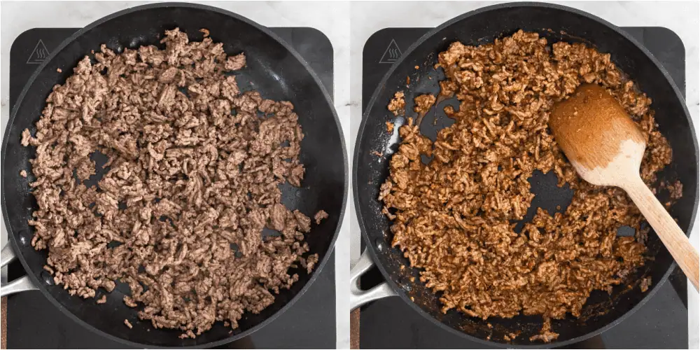 Some of the steps to making Navajo Tacos. While you are making the bread, brown some ground beef. Add the taco seasoning and water. Simmer for five to ten minutes.