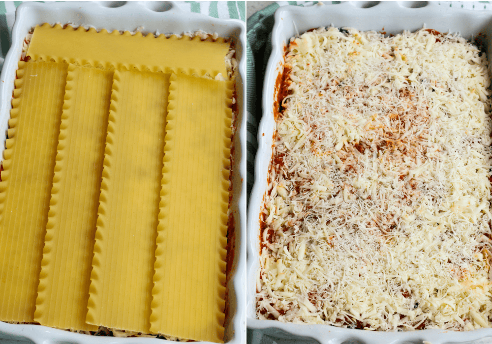 Another layer of lasagna noodles followed by the remaining marinara, mozzarella cheese, and Parmesan cheese.