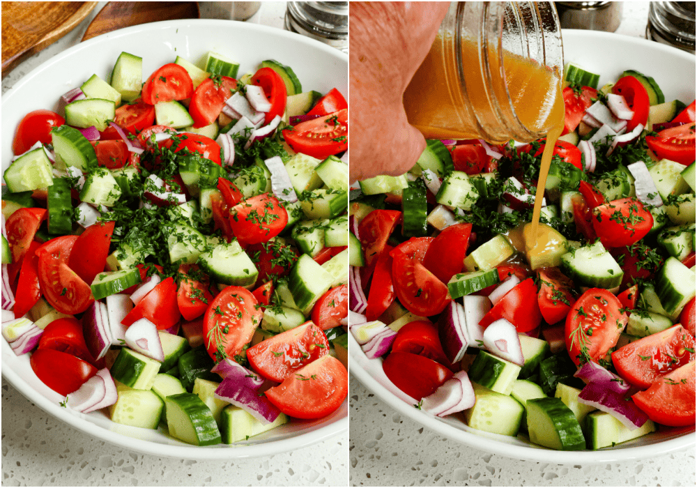 Some of the steps to making tomato cucumber salad. 
