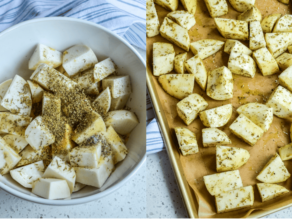 Peel and cut the turnips into chunks. Combine turnips with the spice mixture in a bowl. Drizzle with olive oil and toss to coat. Spread the turnips on a baking sheet. Roast for 25-30 minutes.