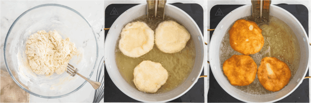 Indian Fry Bread Some of the steps to making fry bread. In a medium bowl, whisk flour, baking powder, and salt. Slowly stir in warm water with a fork and mix until the fry bread dough comes together. Cover with plastic wrap and let it rest for at least 1 - 2 hours. Pull off a piece a little smaller than a golf ball. Then pat it out like a mini pizza on a lightly floured surface. Fry the dough in hot oil until puffy.