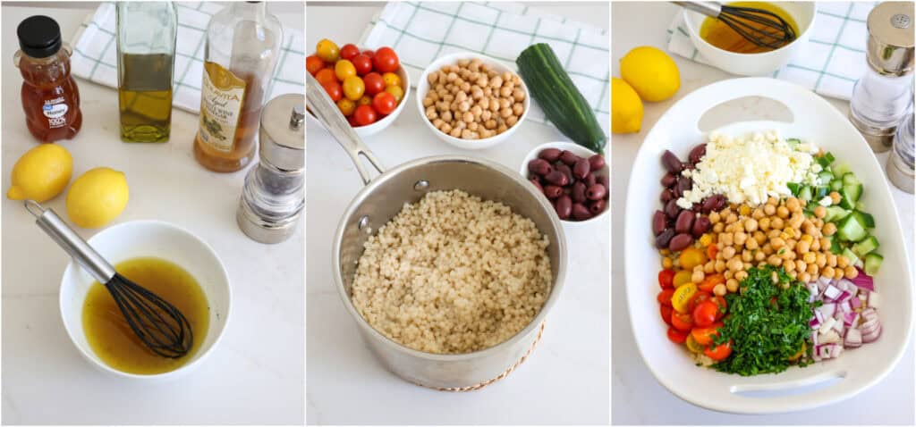 Some of the steps to making couscous salad. Whisk the olive oil, white wine vinegar, lemon juice, honey, and pepper in a small bowl. Cook the couscous in a saucepan and let it cool a bit while you cut the vegetables.